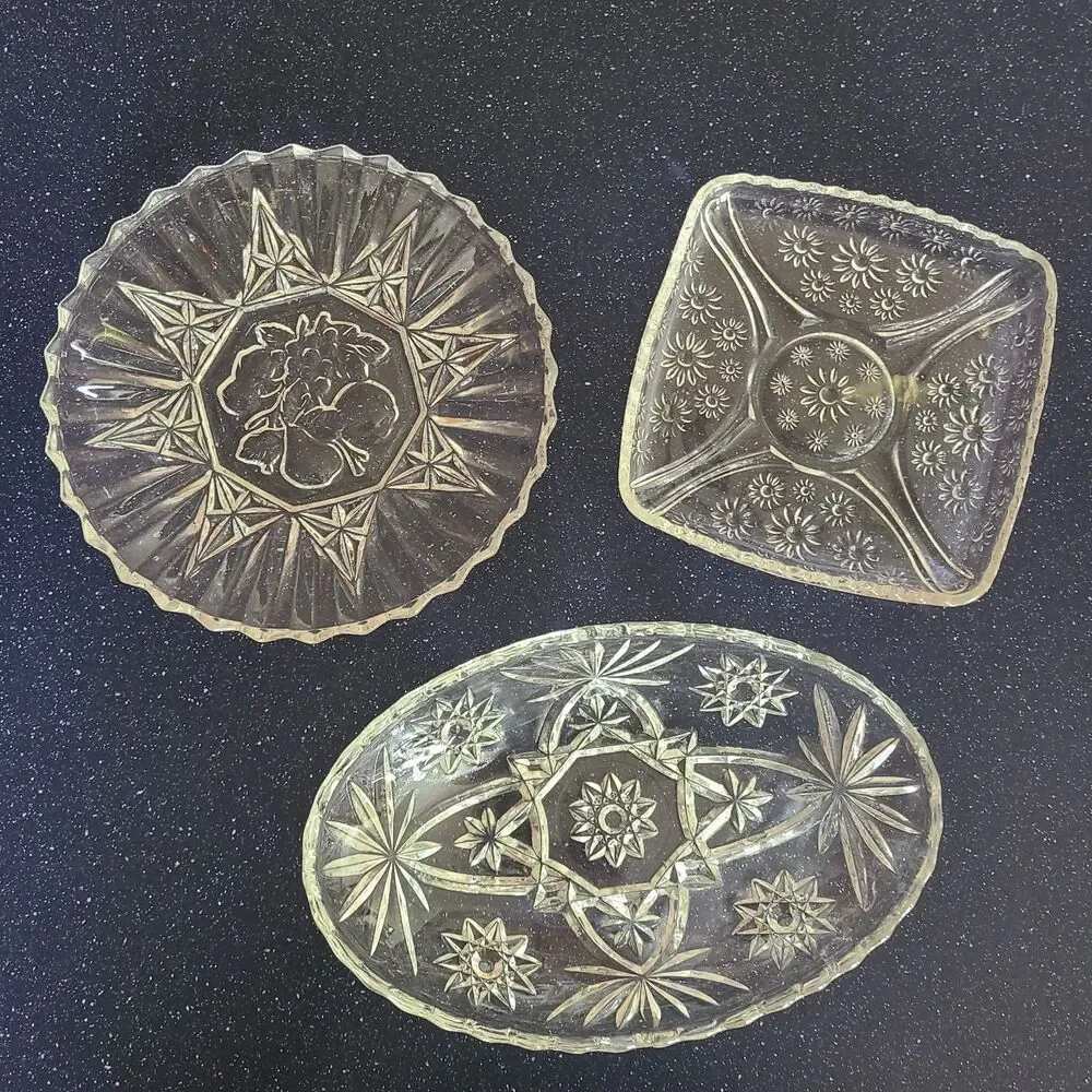 Vintage 1950s 1960s Pressed Patterned Glass Dishes Starburst Floral Fruit Styles